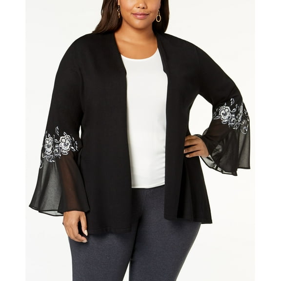 Alfani Plus Size Embroidered Chiffon Sleeve Cardigan Deep Black 1X