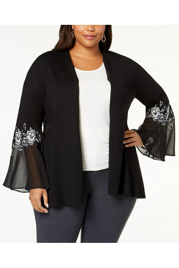 Plus Size Embroidered Chiffon Sleeve Cardigan Deep Black 1X