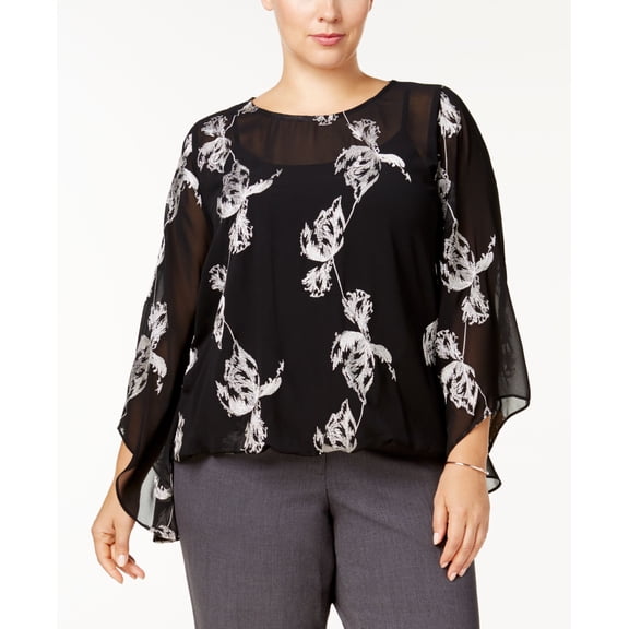 Alfani Plus Size Embroidered Kimono Sleeve Top Deep Black 0X