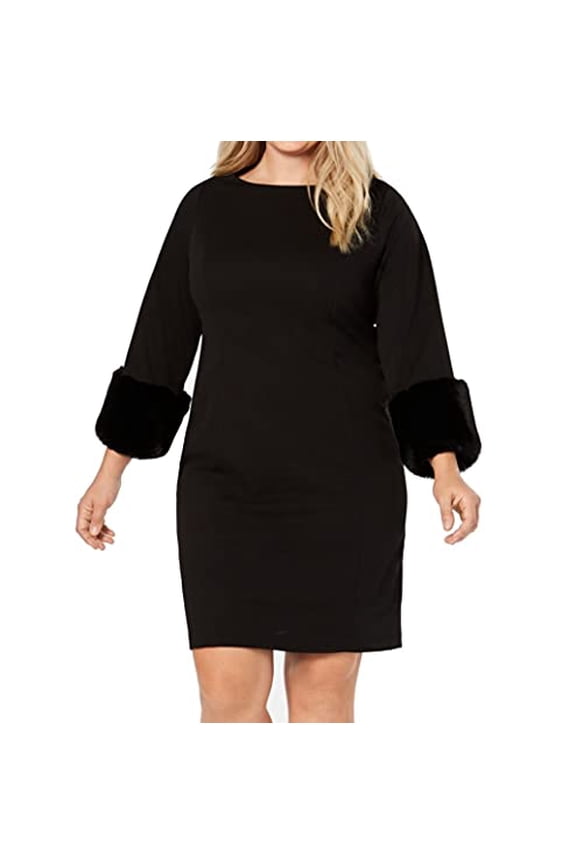 Plus Size Faux-Fur Cuff Shift Dress Womens dress MSRP $125 Black 22W