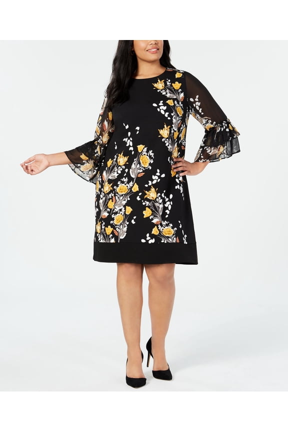 Plus Size Floral Print Bell Sleeve Dress Black 20W