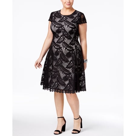 Alfani Plus Size Lace Fit Flare Dress Deep Black 18W