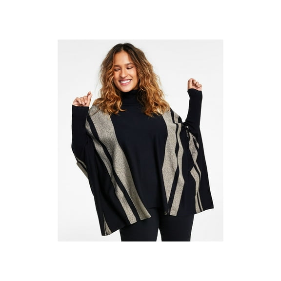 Alfani Plus Size Lurex Striped Poncho Sweater Deep Black 2X