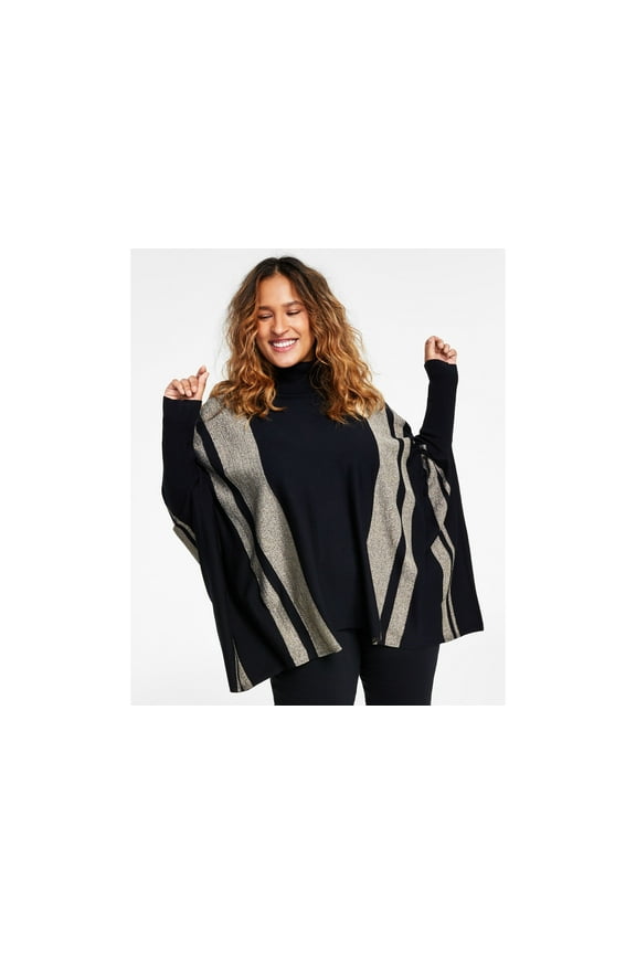 Plus Size Lurex Striped Poncho Sweater Deep Black 2X