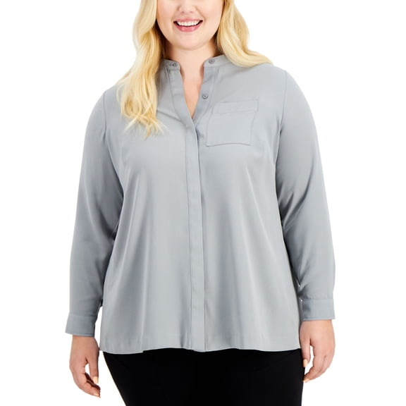 Alfani Plus Size Pleat Back Button Up Top Greystone 1X