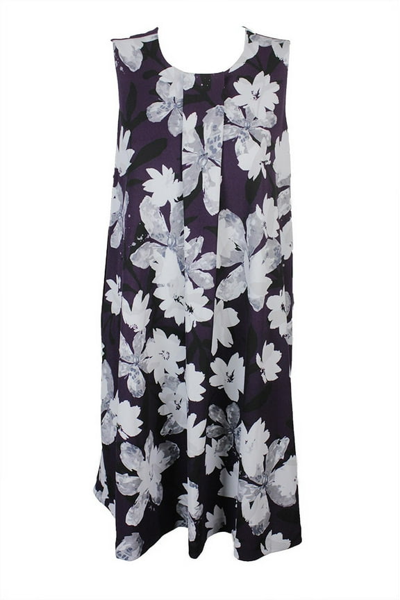 Plus Size Plum Grey Sleeveless Floral-Print A-Line Dress 18W