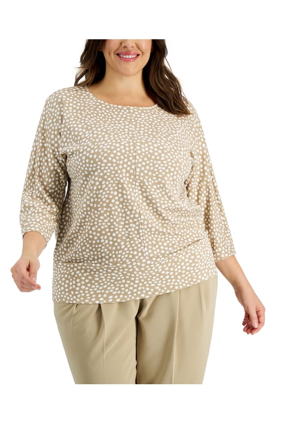 Plus Size Printed 3/4 Sleeve Top Contour Almond 1X