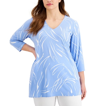 Alfani Plus Size Printed 3/4 Sleeve Top Perfect Periwinkle Combo 0X