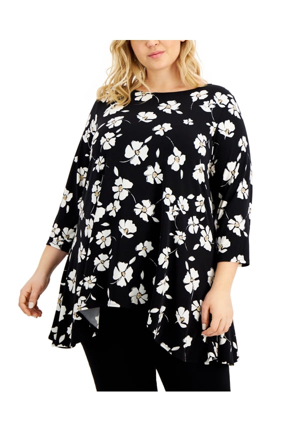 Plus Size Printed Asymmetrical Hem Tunic Top Deep Black 1X
