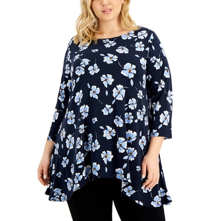 Alfani Plus Size Printed Asymmetrical Hem Tunic Top Flt Flr Mod Nvy 1X