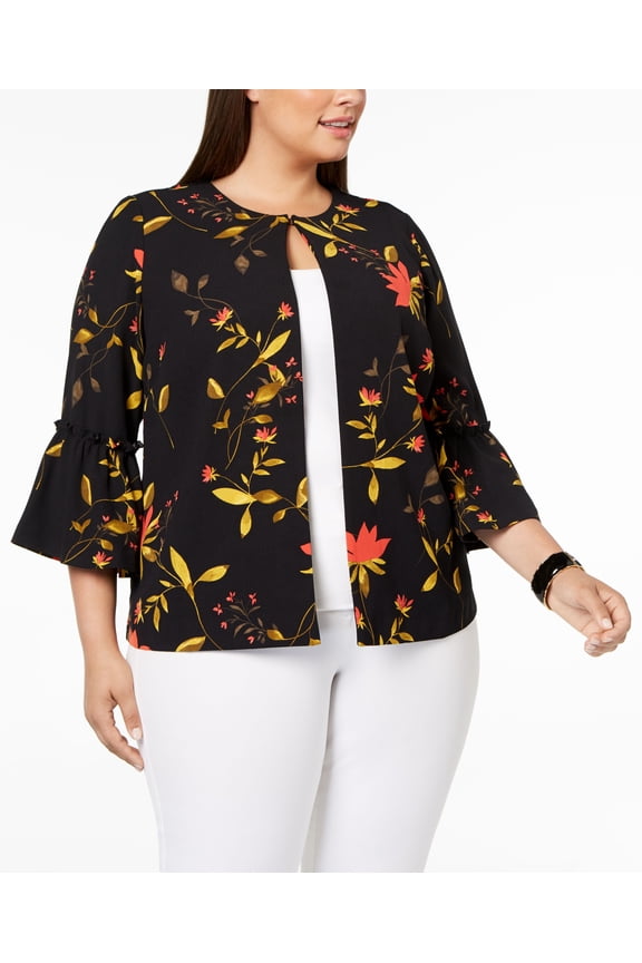 Plus Size Printed Bell Sleeve Jacket Floral Apex 3X