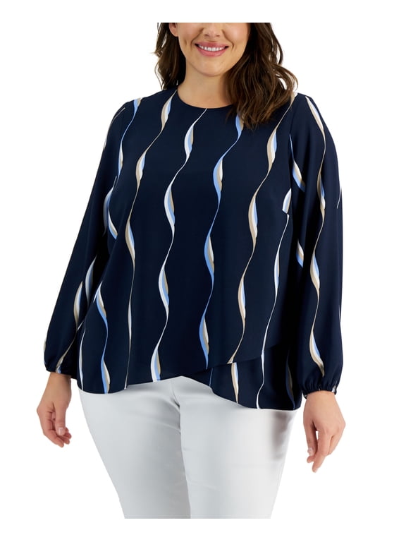 Plus Size Printed Crossover Blouse Blue Soft Sewll 1X