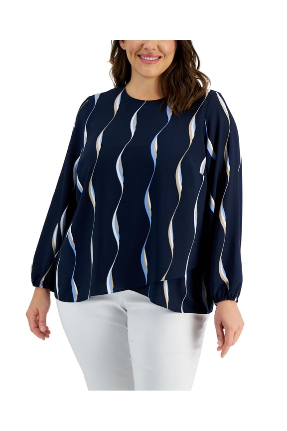 Plus Size Printed Crossover Blouse Blue Soft Sewll 1X