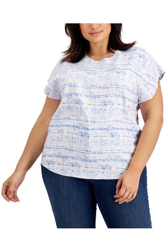 Plus Size Printed Dolman Sleeve Top Blue Delicate Dye 3X