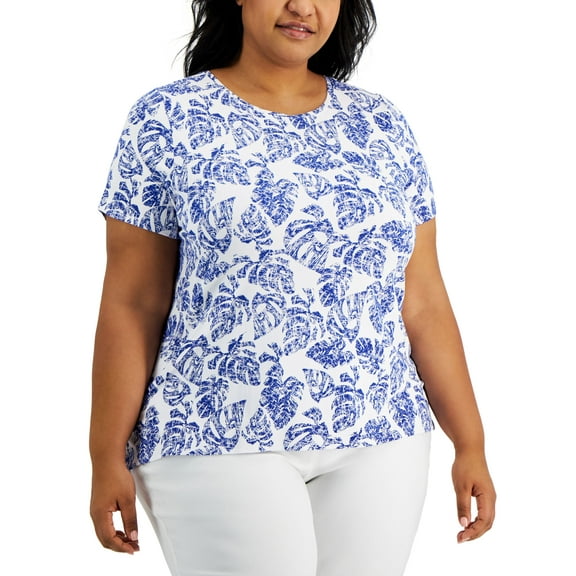 Alfani Plus Size Printed Jersey Top Palm Modern Blue 2X