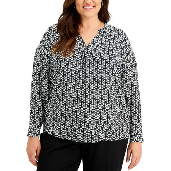 Alfani Plus Size Printed Long Sleeve Top Black Hex Geometric 3X