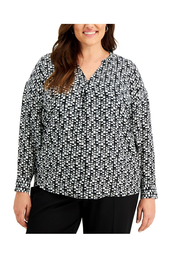 Plus Size Printed Long Sleeve Top Black Hex Geometric 3X
