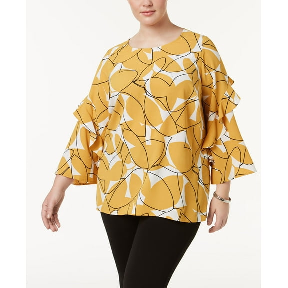 Alfani Plus Size Printed Ruffle Sleeve Top Yellow Leaves 0X