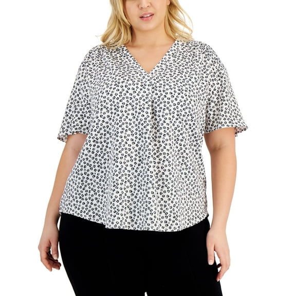 Alfani Plus Size Printed Shirred V Neck Top Black 3X