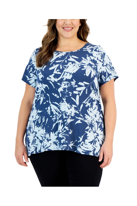 Plus Size Printed Short Sleeve Side Slit Top80 Sargasso Sea 3X