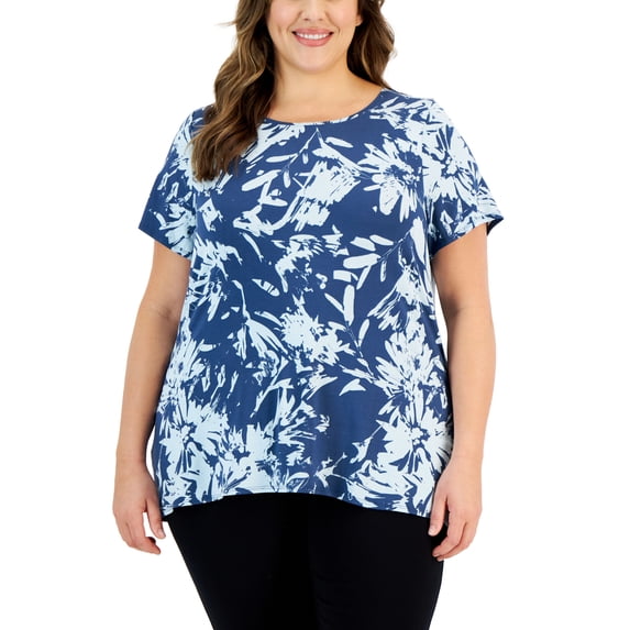 Alfani Plus Size Printed Short Sleeve Side Slit Top80 Sargasso Sea 3X