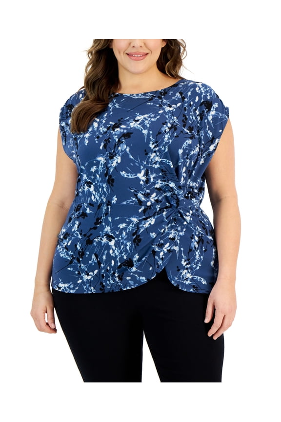 Plus Size Printed Side Knot Cap Sleeve Top Breeze Storm Star Sea 3X