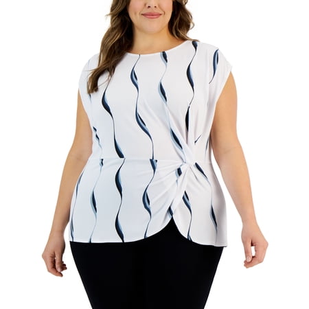 Alfani Plus Size Printed Side-Knot Cap-Sleeve Top Sargasso Sea Swirl 1X