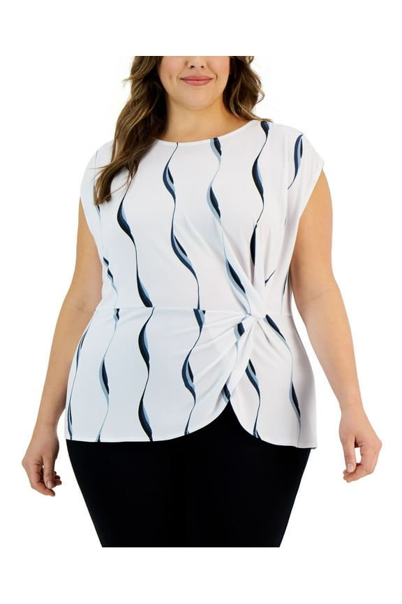 Plus Size Printed Side Knot Cap Sleeve Top Sargasso Sea Swirl 3X