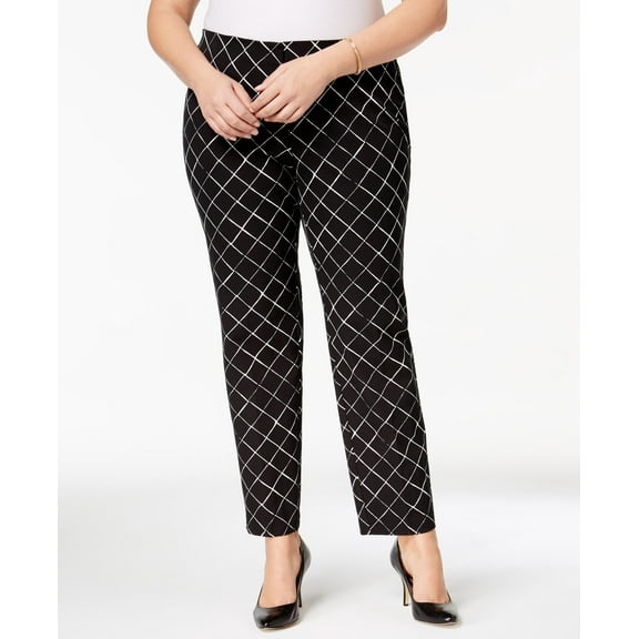 Alfani Plus Size Printed Slim Pants Black Pen Brush 14W