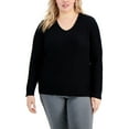 thumbnail image 1 of Alfani Plus Size Ribbed Shine V Neck Sweater Deep Black 2X, 1 of 1
