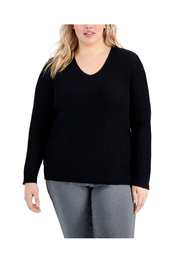 Plus Size Ribbed Shine V Neck Sweater Deep Black 2X