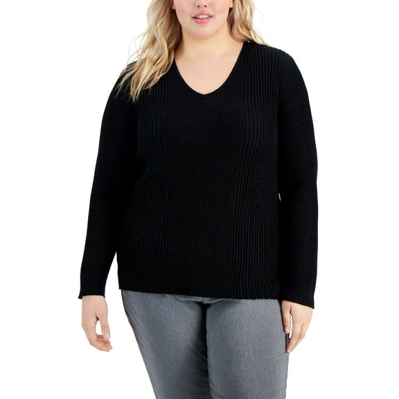 Alfani Plus Size Ribbed Shine V Neck Sweater Deep Black 3X