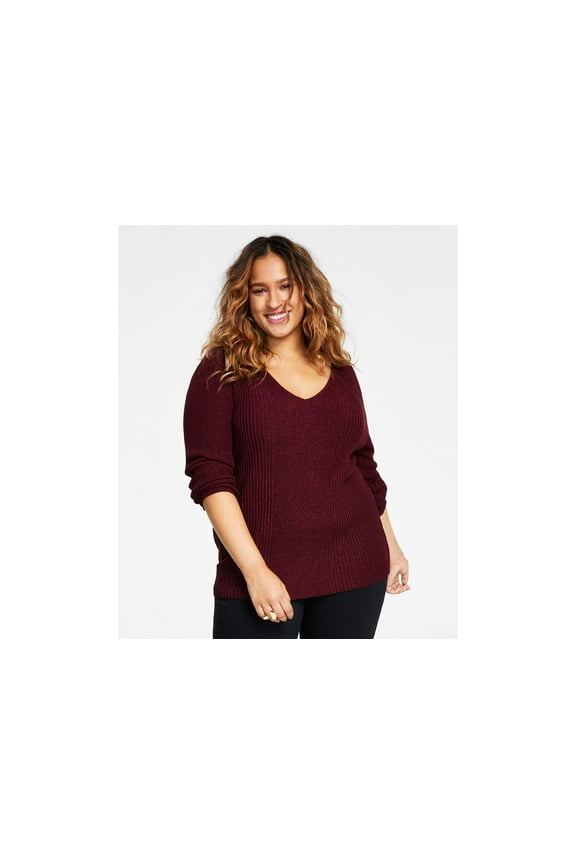 Plus Size Ribbed Shine V Neck Sweater Rich Malbec 0X