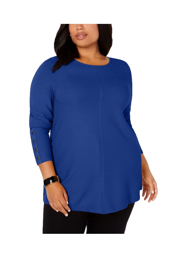Plus Size Ribbed Snap-Detail Sweaters, Blue, 2X