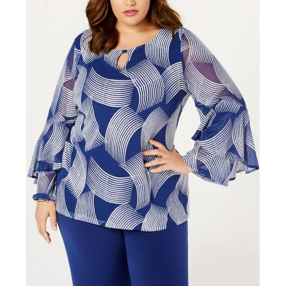 Alfani Plus Size Ruffled Sleeve Top Blue 0X