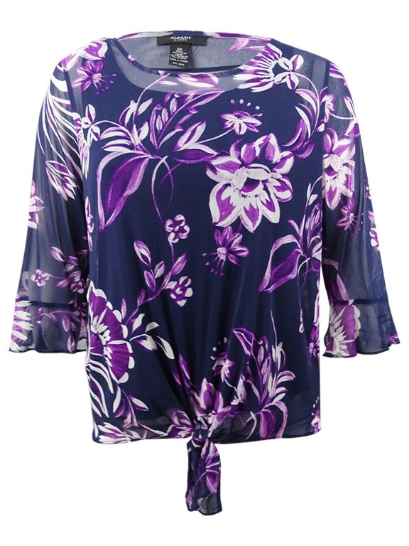 Plus Size Sheer Tie Hem Tunic Fuchsia Time Floral 1X