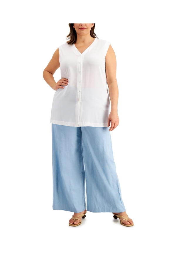 Plus Size Sleeveless Button Up Top Bright White 0X