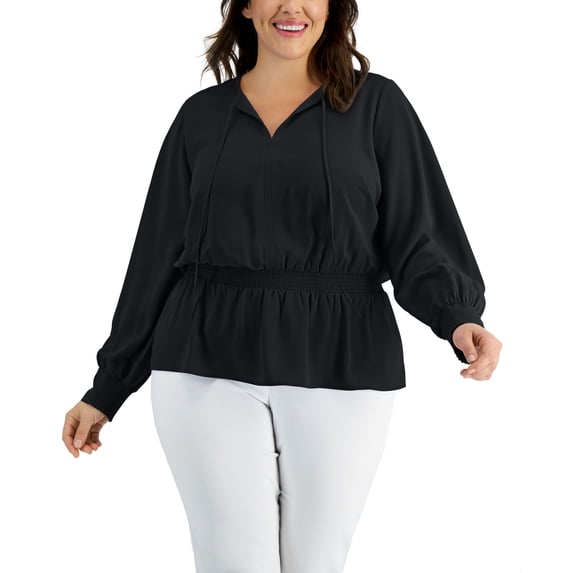 Alfani Plus Size Smocked Peplum Top Deep Black 2X