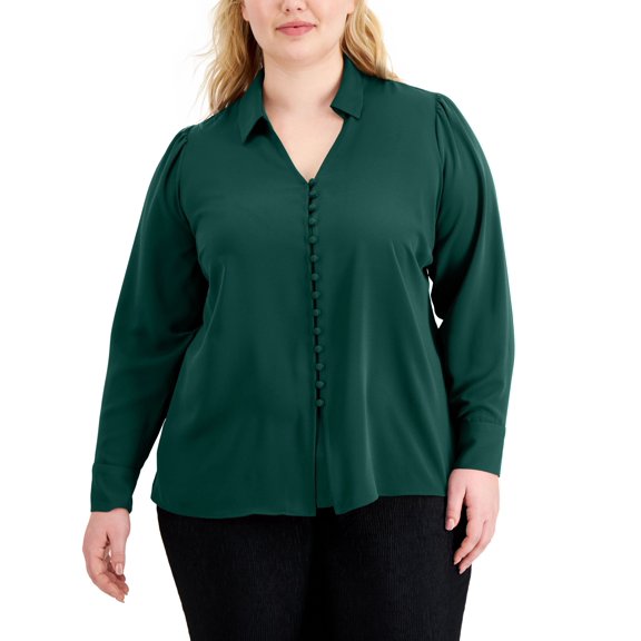 Alfani Plus Size Solid Button Front Blouse Rain Forest 3X