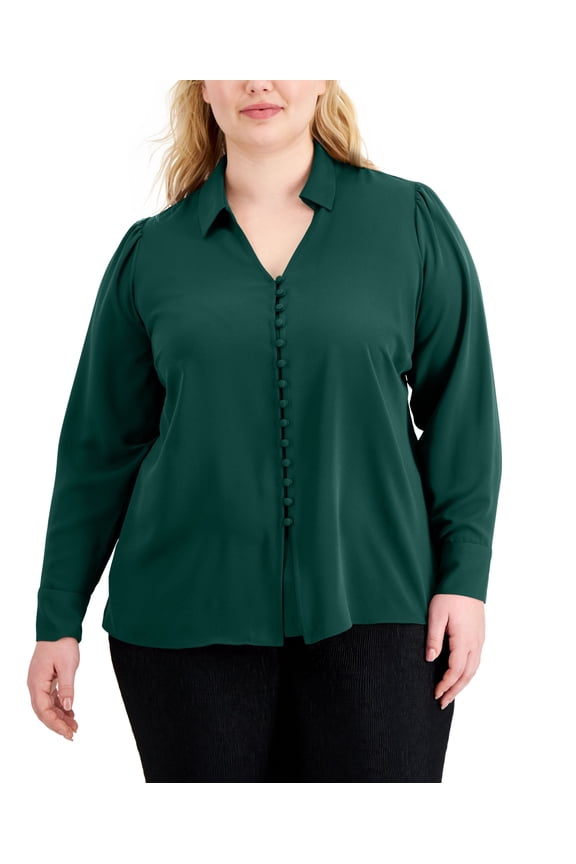 Plus Size Solid Button Front Blouse Rain Forest 3X