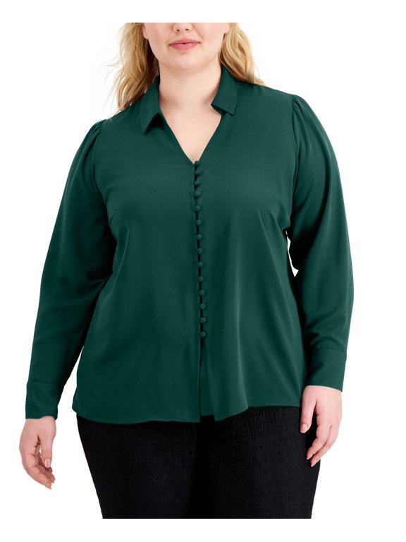 Plus Size Solid Button Front Blouse Rain Forest 4X