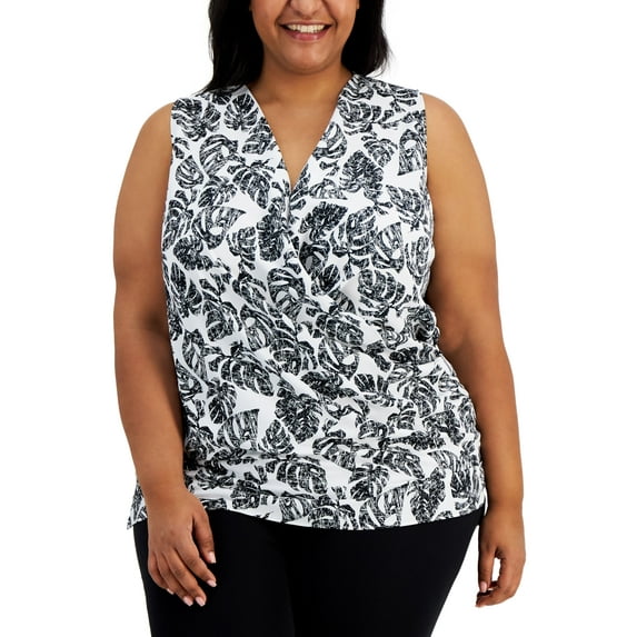 Alfani Plus Size Surplice Neck Top White Ditsy Palm 0X