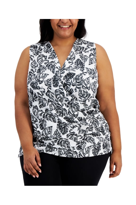 Plus Size Surplice Neck Top White Ditsy Palm 0X