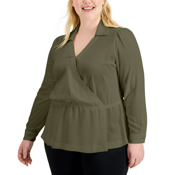 Alfani Plus Size Surplice Peplum Blouse Peplum Blou Burnt Olive 0X