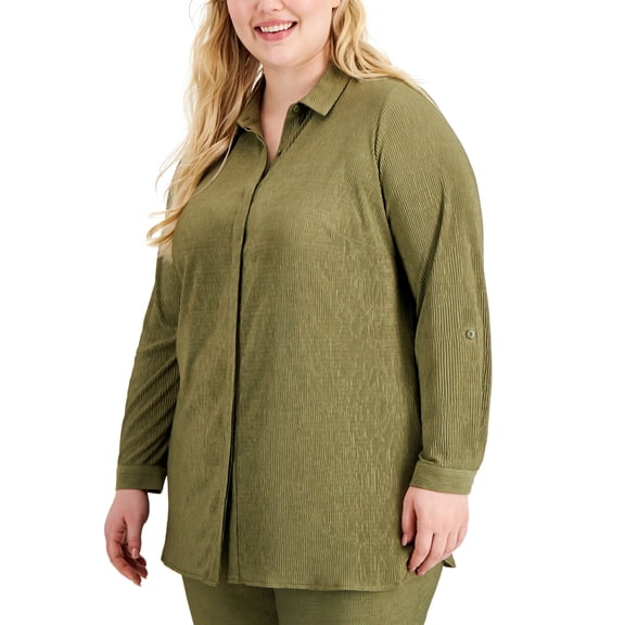 Alfani Plus Size Textured Button Front Top Burnt Olive 3X