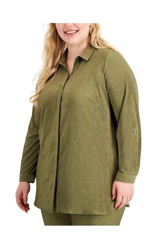 Plus Size Textured Button Front Top Burnt Olive 3X