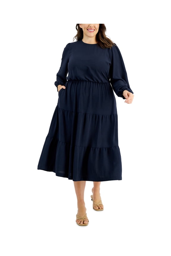Plus Size Tiered Midi Dress Modern Navy 18W