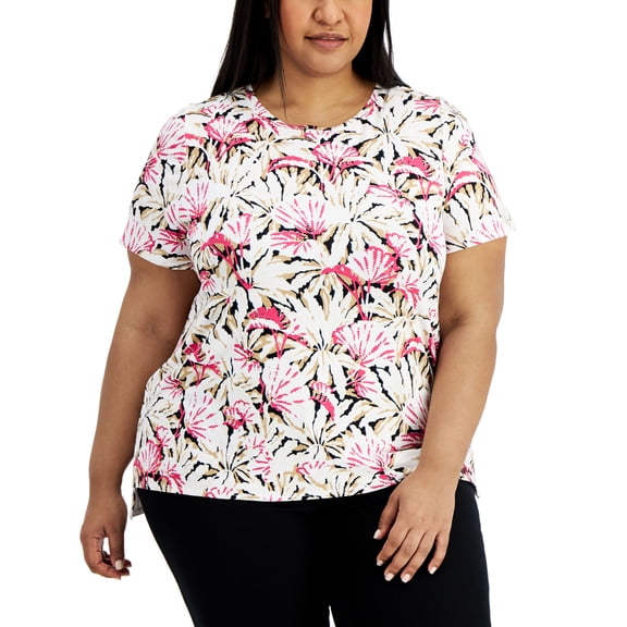 Alfani Plus Size Tropical Foliage Top Pink 3X
