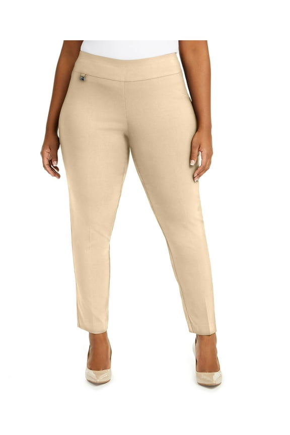 Plus Size Tummy Control Pull On Skinny Pants Cream Beige 24W