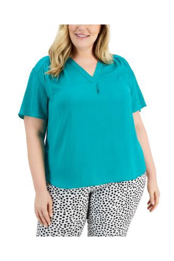 Alfani Plus Size V Neck Top Teal Oasis 0X